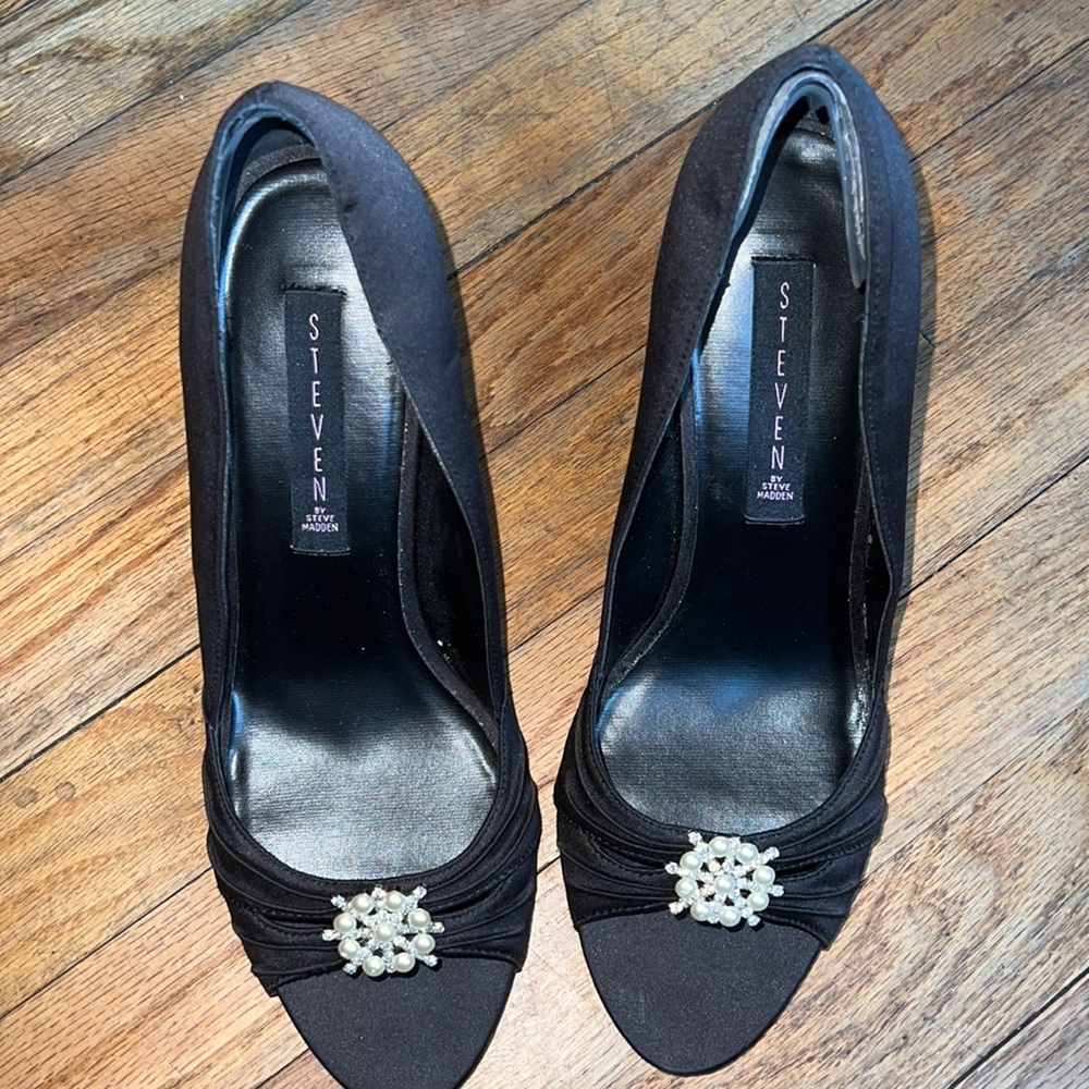 STEVEN Black Satin Open Toe Pearl & Rhinestone Heels size  9.5